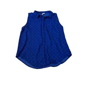 Elle Women’s Blue & White Polka Dot Chiffon Sleeveless Button Up Blouse - Small